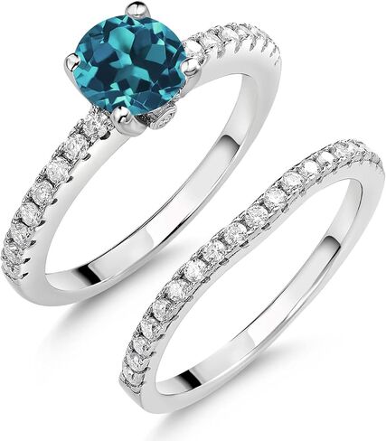 Gem Stone King 925 Sterling Silver London Blue Topaz and White Moissanite Wedding Engagement Band Bridal Set Ring For Women (1.59 Cttw, Gemstone November Birthstone, Available In Size 5, 6, 7, 8, 9) in Saudi Arabia