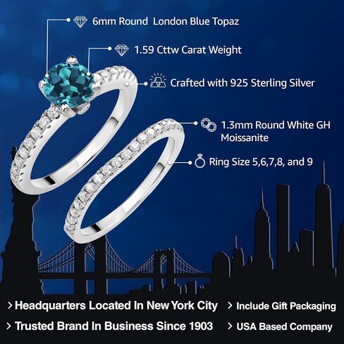 Gem Stone King 925 Sterling Silver London Blue Topaz and White Moissanite Wedding Engagement Band Bridal Set Ring For Women (1.59 Cttw, Gemstone November Birthstone, Available In Size 5, 6, 7, 8, 9) in Saudi Arabia