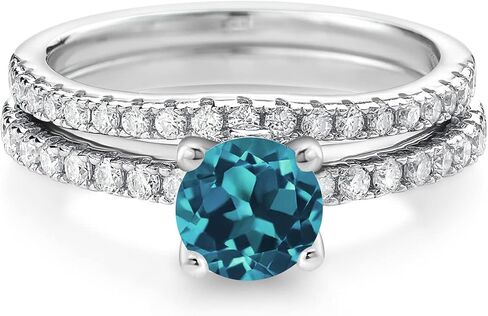 Gem Stone King 925 Sterling Silver London Blue Topaz and White Moissanite Wedding Engagement Band Bridal Set Ring For Women (1.59 Cttw, Gemstone November Birthstone, Available In Size 5, 6, 7, 8, 9) in Saudi Arabia