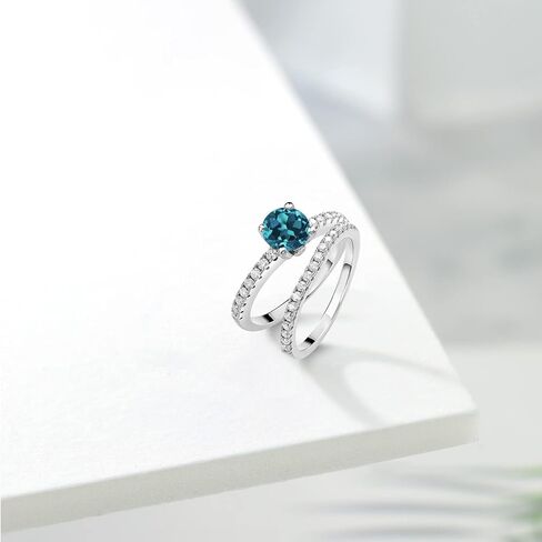 Gem Stone King 925 Sterling Silver London Blue Topaz and White Moissanite Wedding Engagement Band Bridal Set Ring For Women (1.59 Cttw, Gemstone November Birthstone, Available In Size 5, 6, 7, 8, 9) in Saudi Arabia