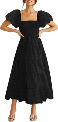 GOLDSTITCH Women's Casual Summer Midi Dress Puffy Short Sleeve Square Neck Smocked Tiered Ruffle Dresses in Kuwait