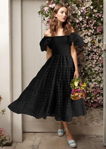 GOLDSTITCH Women's Casual Summer Midi Dress Puffy Short Sleeve Square Neck Smocked Tiered Ruffle Dresses in Kuwait
