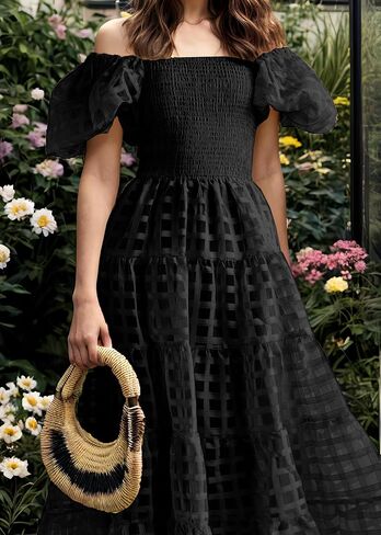 GOLDSTITCH Women's Casual Summer Midi Dress Puffy Short Sleeve Square Neck Smocked Tiered Ruffle Dresses in Kuwait
