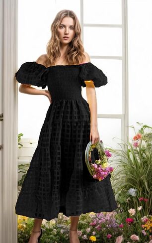 GOLDSTITCH Women's Casual Summer Midi Dress Puffy Short Sleeve Square Neck Smocked Tiered Ruffle Dresses in Kuwait