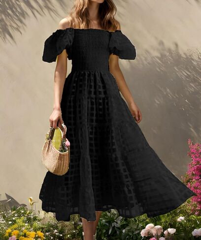 GOLDSTITCH Women's Casual Summer Midi Dress Puffy Short Sleeve Square Neck Smocked Tiered Ruffle Dresses in Kuwait