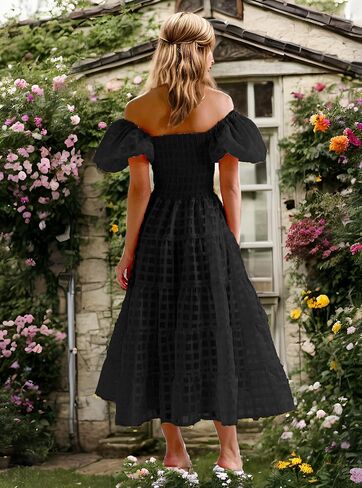GOLDSTITCH Women's Casual Summer Midi Dress Puffy Short Sleeve Square Neck Smocked Tiered Ruffle Dresses in Kuwait