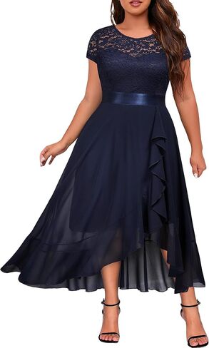 Knitee Women's Plus Size Floral Lace Ruffle Contrast Chiffon Formal Bridesmaid Party Cocktail Maxi Dress in Saudi Arabia