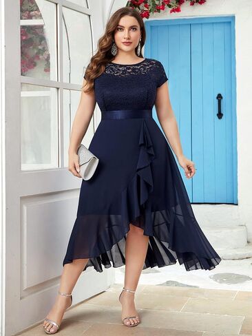 Knitee Women's Plus Size Floral Lace Ruffle Contrast Chiffon Formal Bridesmaid Party Cocktail Maxi Dress in Saudi Arabia