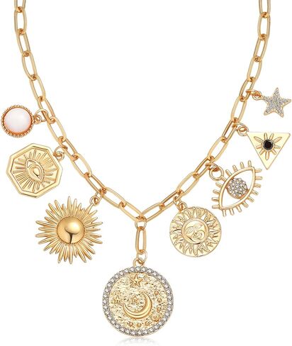Dainty Gold Evil Eye Hamsa Hand Coin Lucky Charm Pendant Necklace for Women Girls Trendy Vintage Paperclip Chain Sun Moon Clover Flower Chunky Charm Necklace Jewelry Gifts in Saudi Arabia