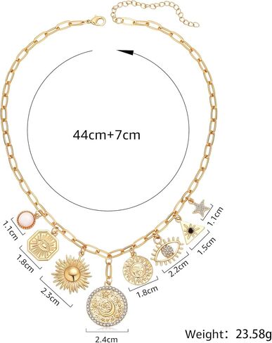 Dainty Gold Evil Eye Hamsa Hand Coin Lucky Charm Pendant Necklace for Women Girls Trendy Vintage Paperclip Chain Sun Moon Clover Flower Chunky Charm Necklace Jewelry Gifts in Saudi Arabia