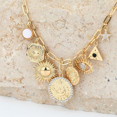 Dainty Gold Evil Eye Hamsa Hand Coin Lucky Charm Pendant Necklace for Women Girls Trendy Vintage Paperclip Chain Sun Moon Clover Flower Chunky Charm Necklace Jewelry Gifts in Saudi Arabia