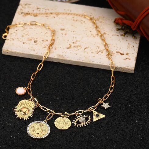 Dainty Gold Evil Eye Hamsa Hand Coin Lucky Charm Pendant Necklace for Women Girls Trendy Vintage Paperclip Chain Sun Moon Clover Flower Chunky Charm Necklace Jewelry Gifts in Saudi Arabia