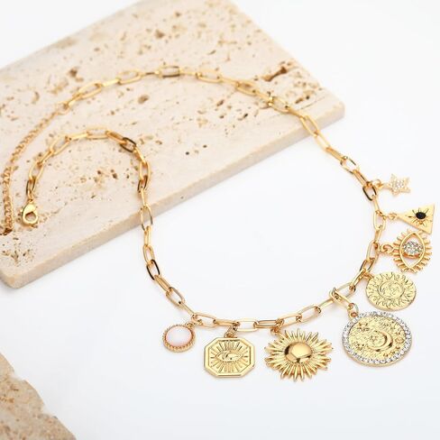 Dainty Gold Evil Eye Hamsa Hand Coin Lucky Charm Pendant Necklace for Women Girls Trendy Vintage Paperclip Chain Sun Moon Clover Flower Chunky Charm Necklace Jewelry Gifts in Saudi Arabia