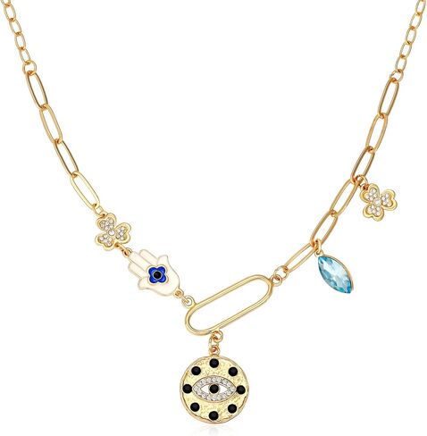 Dainty Gold Evil Eye Hamsa Hand Coin Lucky Charm Pendant Necklace for Women Girls Trendy Vintage Paperclip Chain Sun Moon Clover Flower Chunky Charm Necklace Jewelry Gifts in Saudi Arabia