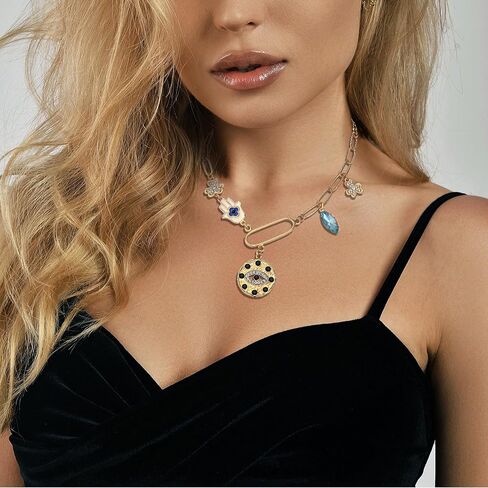 Dainty Gold Evil Eye Hamsa Hand Coin Lucky Charm Pendant Necklace for Women Girls Trendy Vintage Paperclip Chain Sun Moon Clover Flower Chunky Charm Necklace Jewelry Gifts in Saudi Arabia