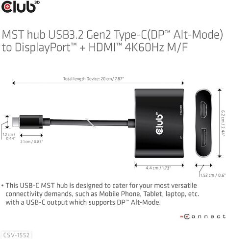 Club 3D CSV-1552 USB3.2 Gen2 Type-C (وضع DP Alt) إلى DisplayPort + HDMI شاشة مزدوجة 4K60 هرتز M/F MST hub in Saudi Arabia