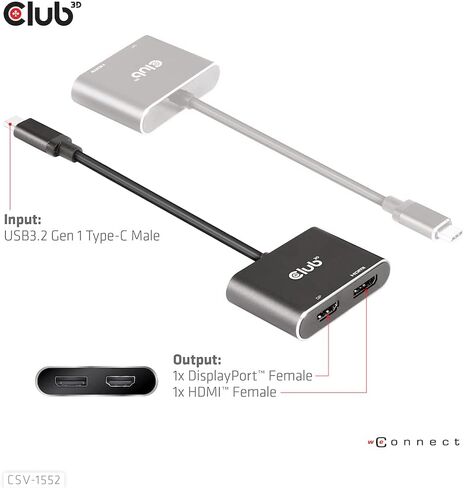 Club 3D CSV-1552 USB3.2 Gen2 Type-C (وضع DP Alt) إلى DisplayPort + HDMI شاشة مزدوجة 4K60 هرتز M/F MST hub in Saudi Arabia