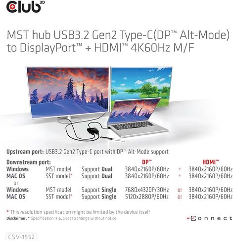 Club 3D CSV-1552 USB3.2 Gen2 Type-C (وضع DP Alt) إلى DisplayPort + HDMI شاشة مزدوجة 4K60 هرتز M/F MST hub in Saudi Arabia