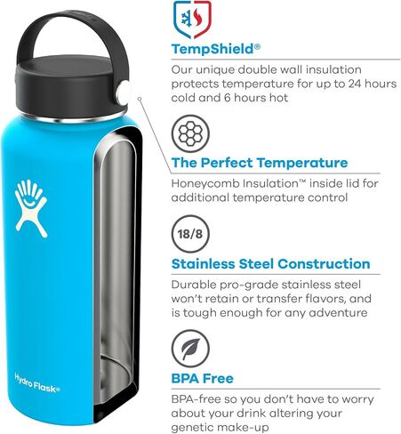 زجاجة مياه هيدرو فلاسك - مصنوعة من الفولاذ المقاوم للصدأ ومعزولة بالفراغ - فتحة واسعة مع غطاء مرن مانع للتسرب - 32 أونصة، كوبالت in Saudi Arabia