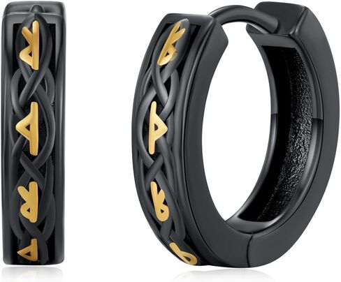 أقراط هوب S925 من الفضة الإسترليني للرجال أقراط فايكنغ سوداء رائعة مجوهرات رجالية للرجال والنساء والأولاد in Kuwait