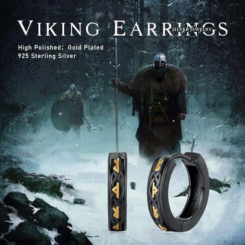 أقراط هوب S925 من الفضة الإسترليني للرجال أقراط فايكنغ سوداء رائعة مجوهرات رجالية للرجال والنساء والأولاد in Kuwait