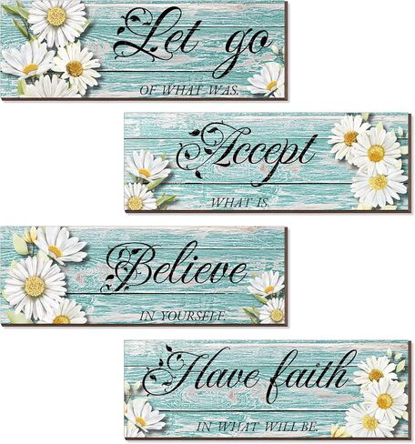 Joyhawk 4 Pieces Blue Flower Wall Decor For Bedroom, Accept-Let go-Have faith-Believe Wooden Inspirational Wall Art Decorations for Living Room Bathroom,Rustic Wooden Farmhouse Home Decor, 12 x 4 Inch in Saudi Arabia