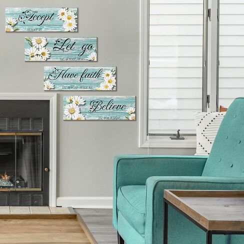 Joyhawk 4 Pieces Blue Flower Wall Decor For Bedroom, Accept-Let go-Have faith-Believe Wooden Inspirational Wall Art Decorations for Living Room Bathroom,Rustic Wooden Farmhouse Home Decor, 12 x 4 Inch in Saudi Arabia