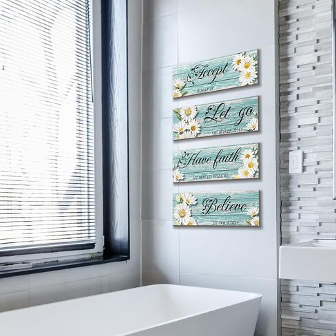 Joyhawk 4 Pieces Blue Flower Wall Decor For Bedroom, Accept-Let go-Have faith-Believe Wooden Inspirational Wall Art Decorations for Living Room Bathroom,Rustic Wooden Farmhouse Home Decor, 12 x 4 Inch in Saudi Arabia