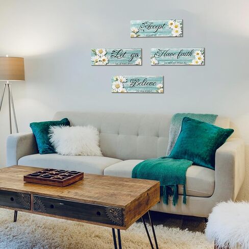 Joyhawk 4 Pieces Blue Flower Wall Decor For Bedroom, Accept-Let go-Have faith-Believe Wooden Inspirational Wall Art Decorations for Living Room Bathroom,Rustic Wooden Farmhouse Home Decor, 12 x 4 Inch in Saudi Arabia