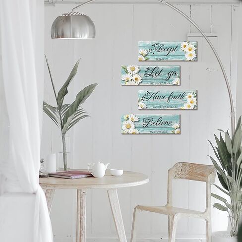 Joyhawk 4 Pieces Blue Flower Wall Decor For Bedroom, Accept-Let go-Have faith-Believe Wooden Inspirational Wall Art Decorations for Living Room Bathroom,Rustic Wooden Farmhouse Home Decor, 12 x 4 Inch in Saudi Arabia