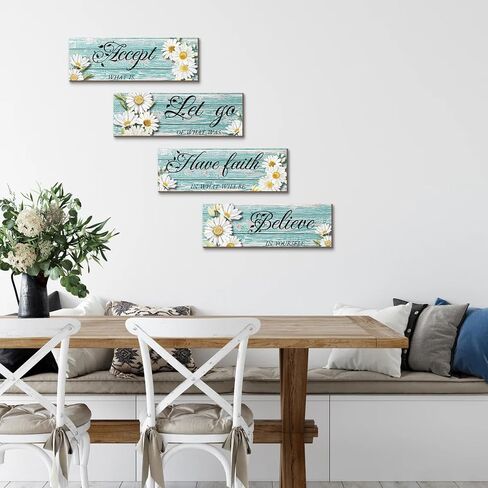 Joyhawk 4 Pieces Blue Flower Wall Decor For Bedroom, Accept-Let go-Have faith-Believe Wooden Inspirational Wall Art Decorations for Living Room Bathroom,Rustic Wooden Farmhouse Home Decor, 12 x 4 Inch in Saudi Arabia