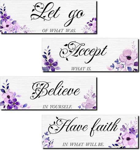 Joyhawk 4 Pieces Blue Flower Wall Decor For Bedroom, Accept-Let go-Have faith-Believe Wooden Inspirational Wall Art Decorations for Living Room Bathroom,Rustic Wooden Farmhouse Home Decor, 12 x 4 Inch in Saudi Arabia