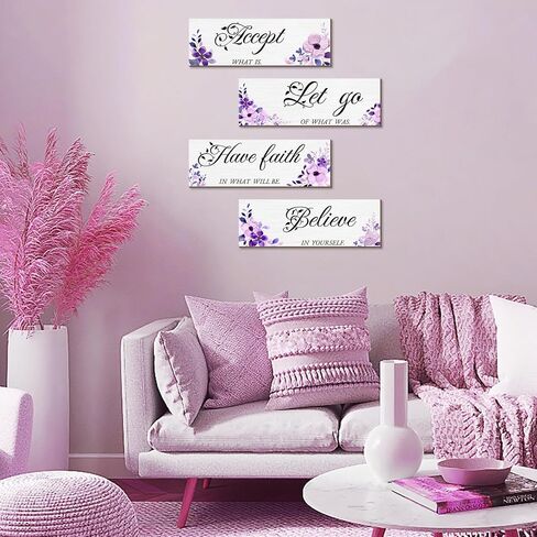 Joyhawk 4 Pieces Blue Flower Wall Decor For Bedroom, Accept-Let go-Have faith-Believe Wooden Inspirational Wall Art Decorations for Living Room Bathroom,Rustic Wooden Farmhouse Home Decor, 12 x 4 Inch in Saudi Arabia