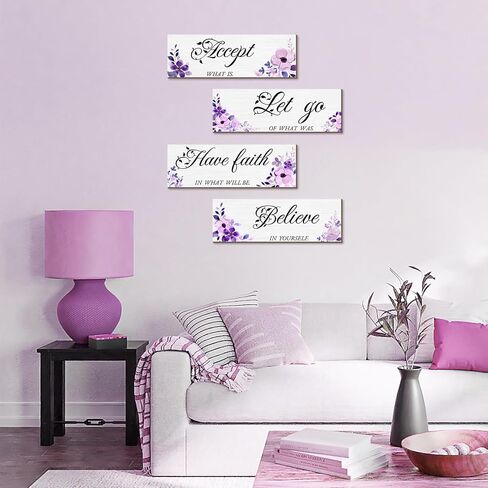 Joyhawk 4 Pieces Blue Flower Wall Decor For Bedroom, Accept-Let go-Have faith-Believe Wooden Inspirational Wall Art Decorations for Living Room Bathroom,Rustic Wooden Farmhouse Home Decor, 12 x 4 Inch in Saudi Arabia