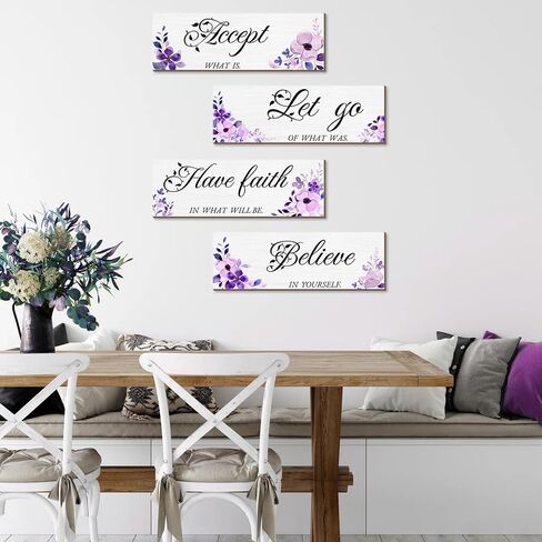 Joyhawk 4 Pieces Blue Flower Wall Decor For Bedroom, Accept-Let go-Have faith-Believe Wooden Inspirational Wall Art Decorations for Living Room Bathroom,Rustic Wooden Farmhouse Home Decor, 12 x 4 Inch in Saudi Arabia