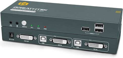 DVI KVM Switch 2 Port with Audio, Support Ultra HD 4K@30Hz Resolution, DVI KVM Switch 2 in 1 Out by Button Switch, Design of 3 USB 2.0 Ports, 2 DVI Cables and 2 USB Cables Included in Saudi Arabia
