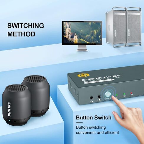 DVI KVM Switch 2 Port with Audio, Support Ultra HD 4K@30Hz Resolution, DVI KVM Switch 2 in 1 Out by Button Switch, Design of 3 USB 2.0 Ports, 2 DVI Cables and 2 USB Cables Included in Saudi Arabia