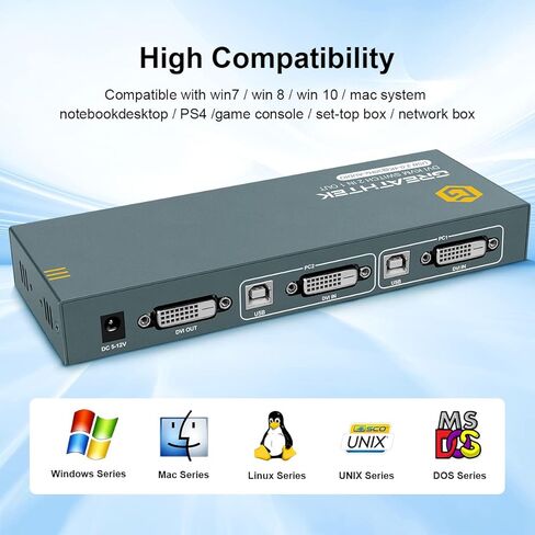 DVI KVM Switch 2 Port with Audio, Support Ultra HD 4K@30Hz Resolution, DVI KVM Switch 2 in 1 Out by Button Switch, Design of 3 USB 2.0 Ports, 2 DVI Cables and 2 USB Cables Included in Saudi Arabia