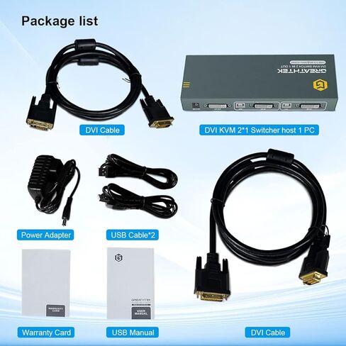 DVI KVM Switch 2 Port with Audio, Support Ultra HD 4K@30Hz Resolution, DVI KVM Switch 2 in 1 Out by Button Switch, Design of 3 USB 2.0 Ports, 2 DVI Cables and 2 USB Cables Included in Saudi Arabia