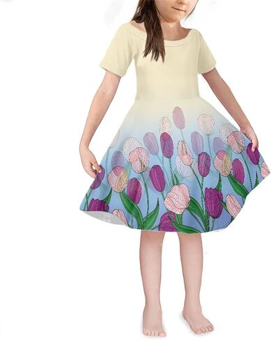 Cute Print Girl's Short Sleeve Casual Dress for School Party Holiday 4-14 Years in Saudi Arabia