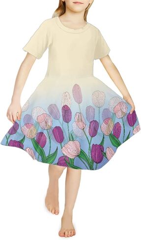 Cute Print Girl's Short Sleeve Casual Dress for School Party Holiday 4-14 Years in Saudi Arabia
