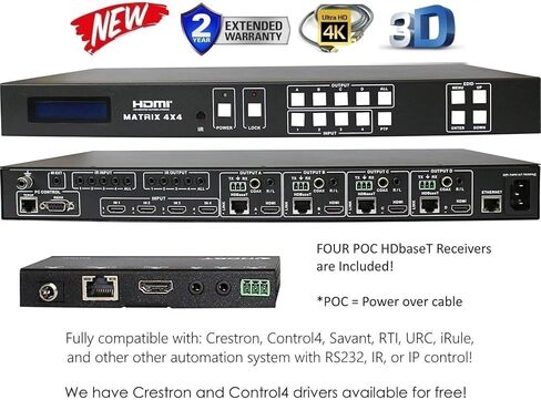4x8 4K HDMI 4x4 Matrix Switcher مع أربعة أجهزة استقبال PoC (CAT5e أو CAT6). HDCP2.2 HDTV Routing SELECTOR SPDIF Audio CONTROL4 Savant Home Automation in Kuwait