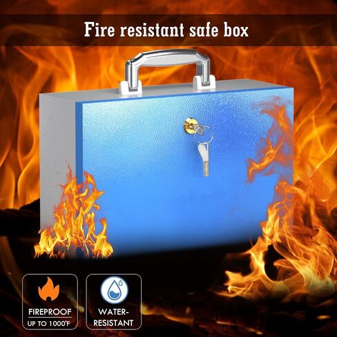 WeHere Safe Box with Key, Small Safe Deposit Box for Home Storage Fireproof Waterproof Documents Bag, Money, Medicine, Batteries, Portable Handle & Anti-Pry Design, 0.3 Cubic Feet, 12.6x8.6x4.7 In in Saudi Arabia