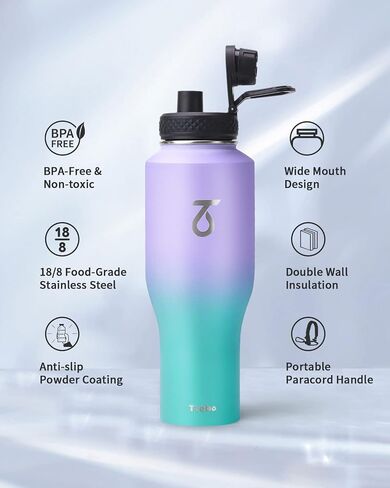 Trebo 40oz Insulated Water Bottle that Fits in Cup Holder, Stainless Steel Double Wall Tumbler Bottles with Paracord Handle, Flask with Straw Spout Lids, Keep Cold for 48 Hrs/Hot 24 Hrs,Cotton Candy in Saudi Arabia