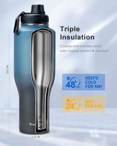 Trebo 40oz Insulated Water Bottle that Fits in Cup Holder, Stainless Steel Double Wall Tumbler Bottles with Paracord Handle, Flask with Straw Spout Lids, Keep Cold for 48 Hrs/Hot 24 Hrs,Cotton Candy in Saudi Arabia