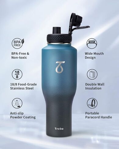 Trebo 40oz Insulated Water Bottle that Fits in Cup Holder, Stainless Steel Double Wall Tumbler Bottles with Paracord Handle, Flask with Straw Spout Lids, Keep Cold for 48 Hrs/Hot 24 Hrs,Cotton Candy in Saudi Arabia