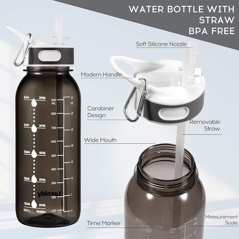 زجاجة مياه جيماكرو، زجاجة مياه BOTTLED JOY سعة 1.5 لتر مع ماصة ومقبض خالية من مادة BPA، زجاجة مياه يومية بسعة 50 أونصة مع جهاز تتبع علامات الوقت لتذكير وقت الشرب، مثالية للترطيب in Kuwait