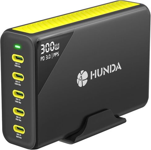 HUNDA 300W USB C شاحن GaN محطة شحن سطح المكتب 5 منافذ PD 100W محول طاقة سريع يدعم PD3.0 /PPS 45W /QC5 لأجهزة MacBook Pro/Air، iPhone 15 Pro، Samsung، HP، Dell إلخ in Kuwait