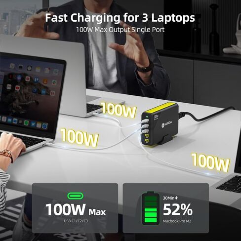 HUNDA 300W USB C شاحن GaN محطة شحن سطح المكتب 5 منافذ PD 100W محول طاقة سريع يدعم PD3.0 /PPS 45W /QC5 لأجهزة MacBook Pro/Air، iPhone 15 Pro، Samsung، HP، Dell إلخ in Kuwait
