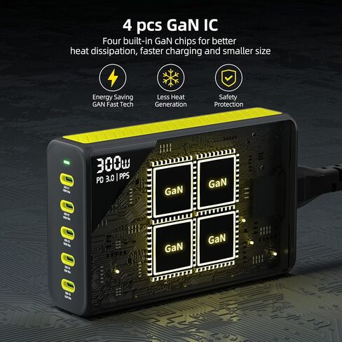 HUNDA 300W USB C شاحن GaN محطة شحن سطح المكتب 5 منافذ PD 100W محول طاقة سريع يدعم PD3.0 /PPS 45W /QC5 لأجهزة MacBook Pro/Air، iPhone 15 Pro، Samsung، HP، Dell إلخ in Kuwait